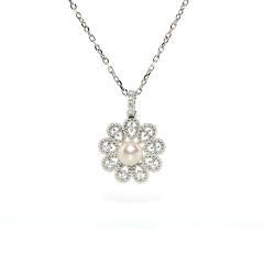 Silberanhänger Blume mit weißer Perle und Zirkonen